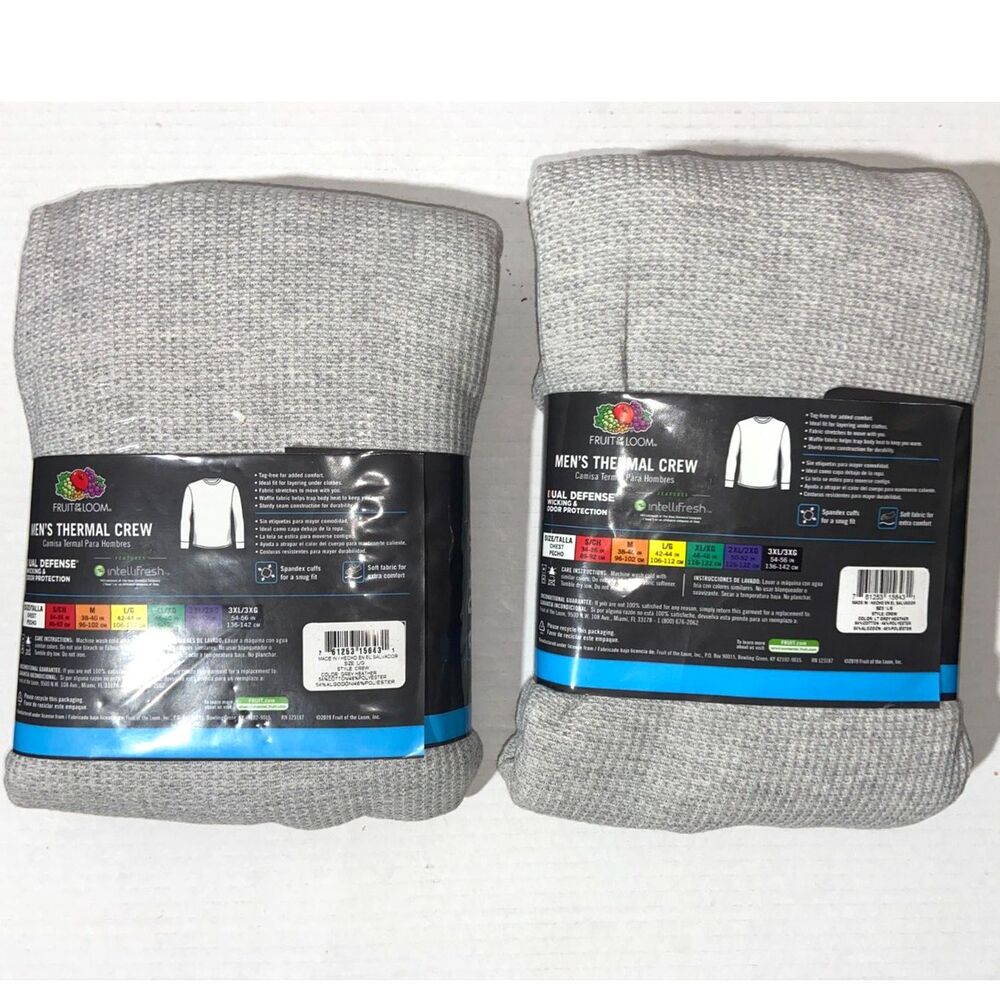 2 Fruit of the Loom 2 Pack Mens Thermal Crew T Shirt Gray Size Large L Large NEW